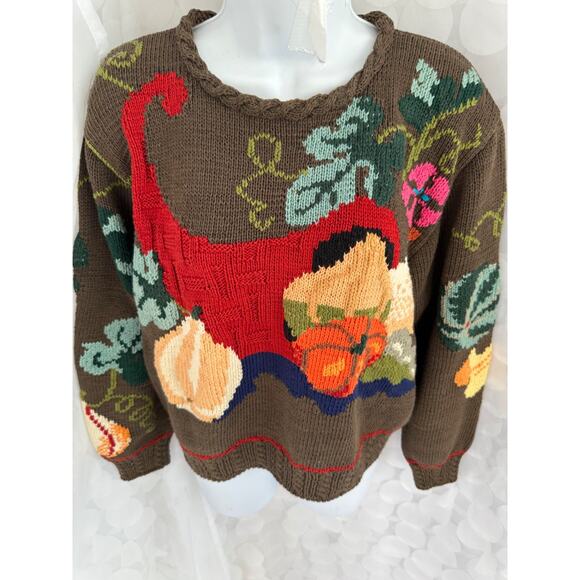 Berek Marta D Sweater Small HAND KNIT Cornucopia Pumpkins Leaves Gourds 1989 NEW - Picture 4 of 9